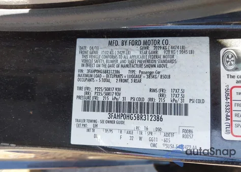 2011 Ford Fusion Se z USA, uszkodzony, nr VIN 3FAHP0HG5BR312386
